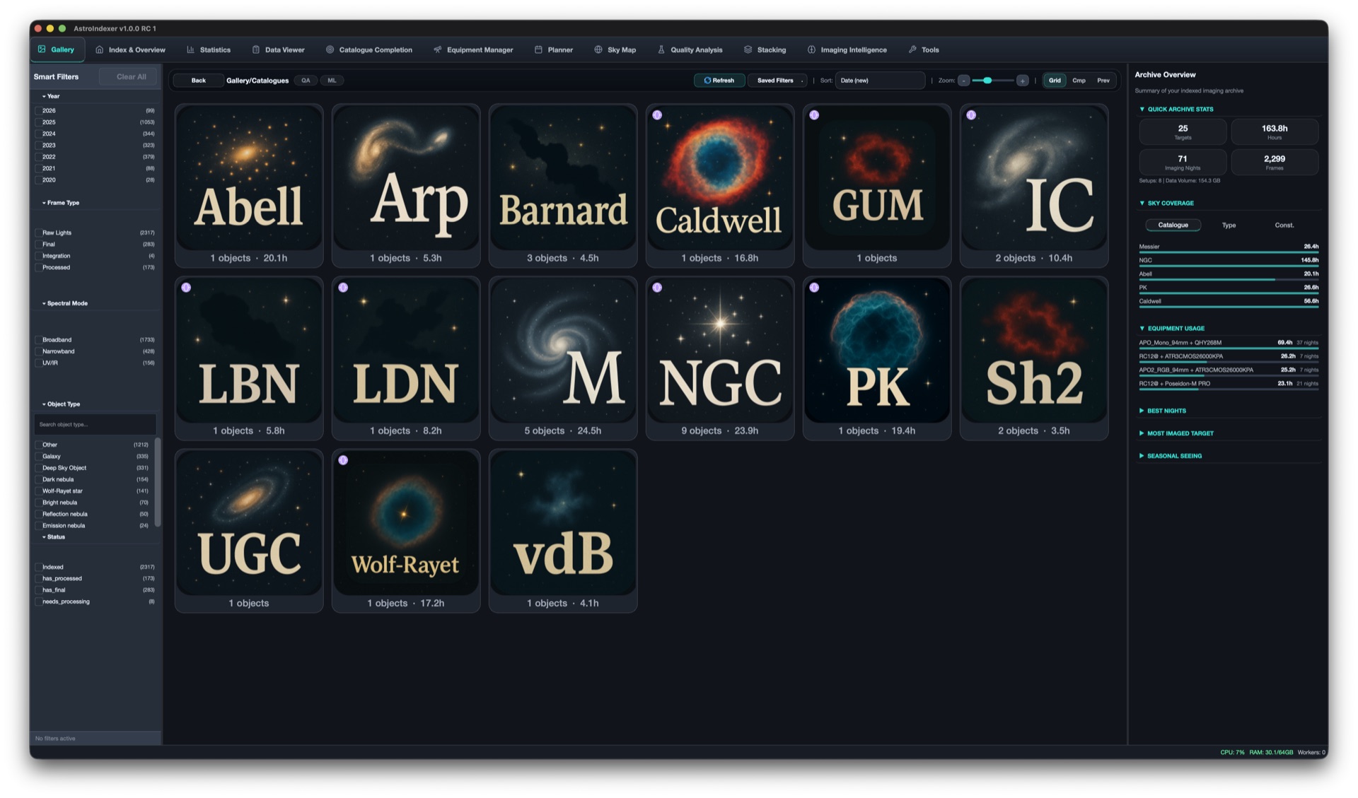 AstroIndexer Gallery showing catalogue tiles for Abell, Arp, Messier, NGC and more, with a live Archive Overview sidebar