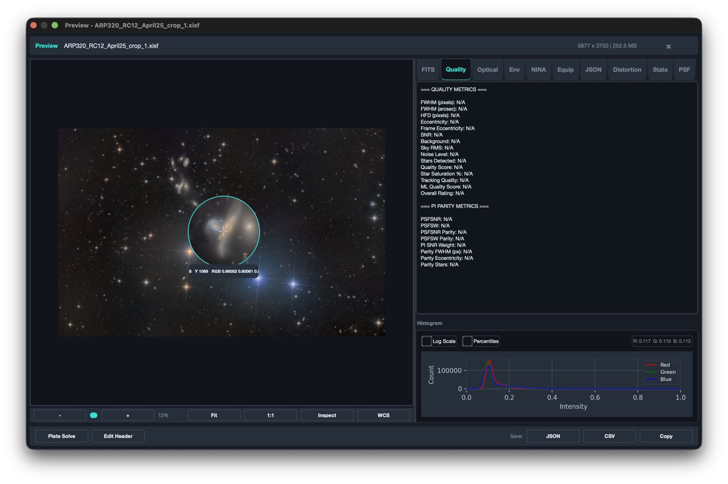 The Inspect Loupe magnifying stars at 1:1 on a frame of Arp 320, with live quality and PSF metrics and an RGB histogram alongside
