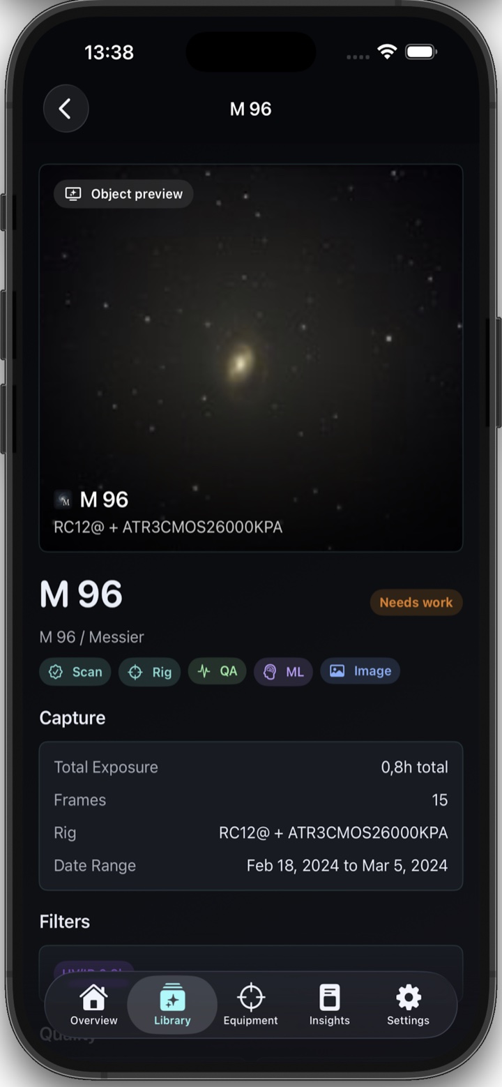 The AstroIndexer mobile companion app showing the M 96 object page with a preview image, capture stats, and Scan / QA / ML pipeline status