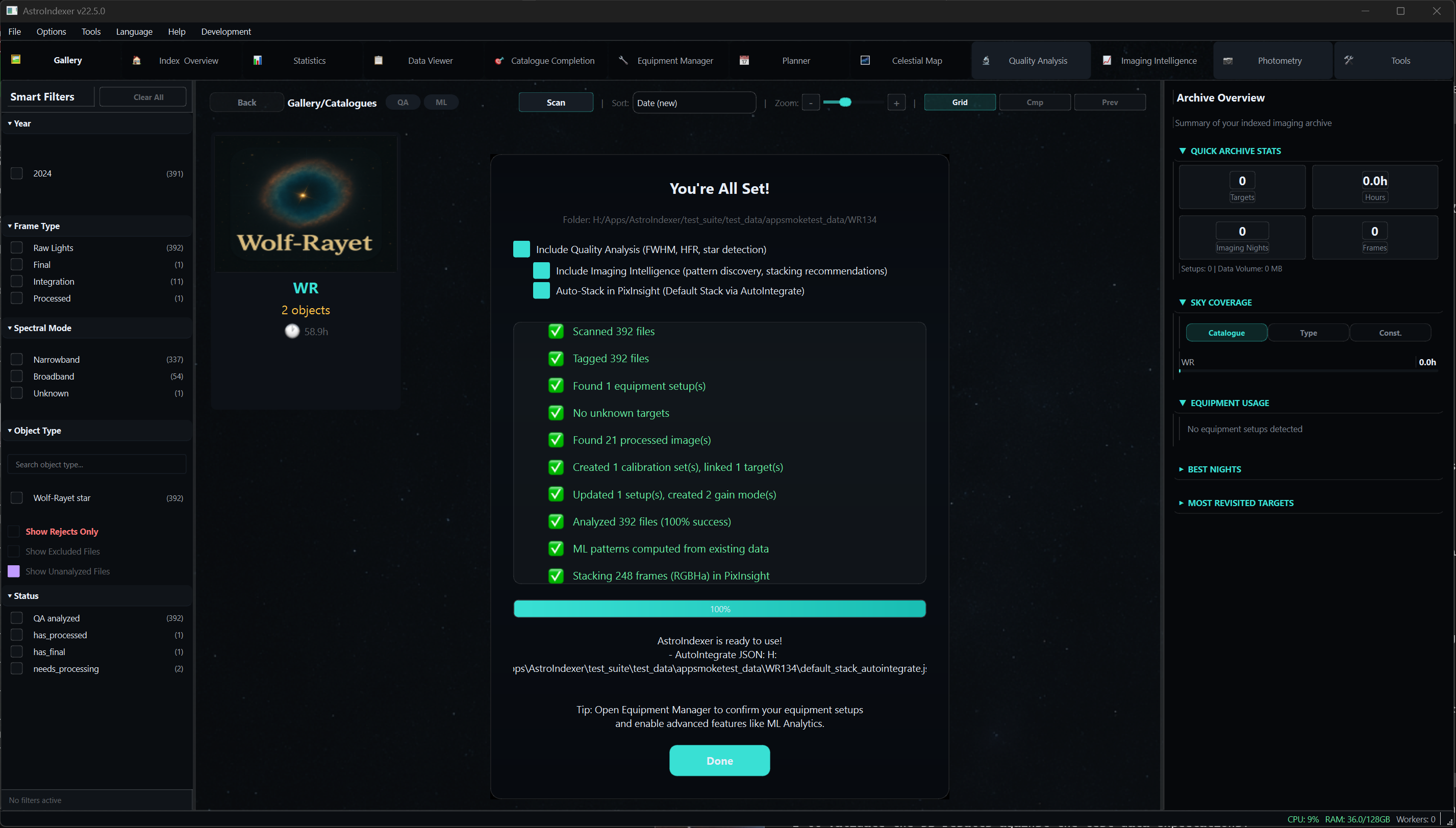 Autopilot full pipeline complete — scanning, QA, ML patterns, and PixInsight AutoIntegrate stacking