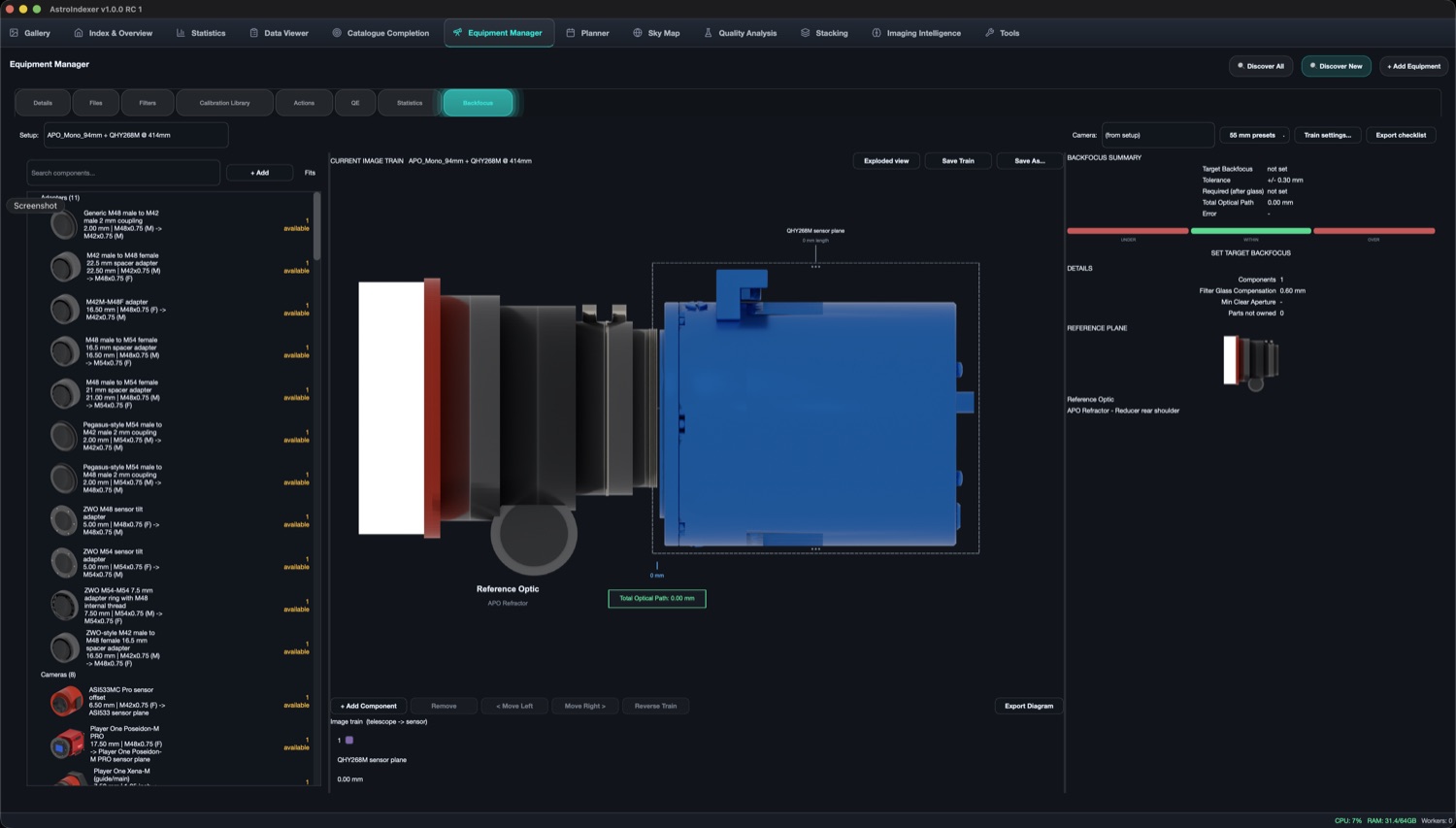 The Backfocus Manager showing a to-scale image train from optic to sensor with an under / within / over tolerance band