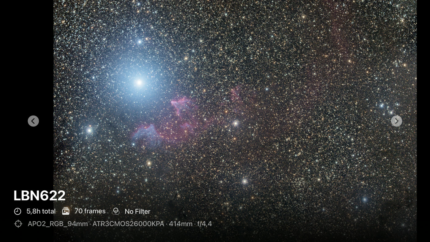 Apple TV full-screen view of the bright nebula LBN622, with its name, 5.8 hours of exposure, 70 frames and the telescope and camera that captured it