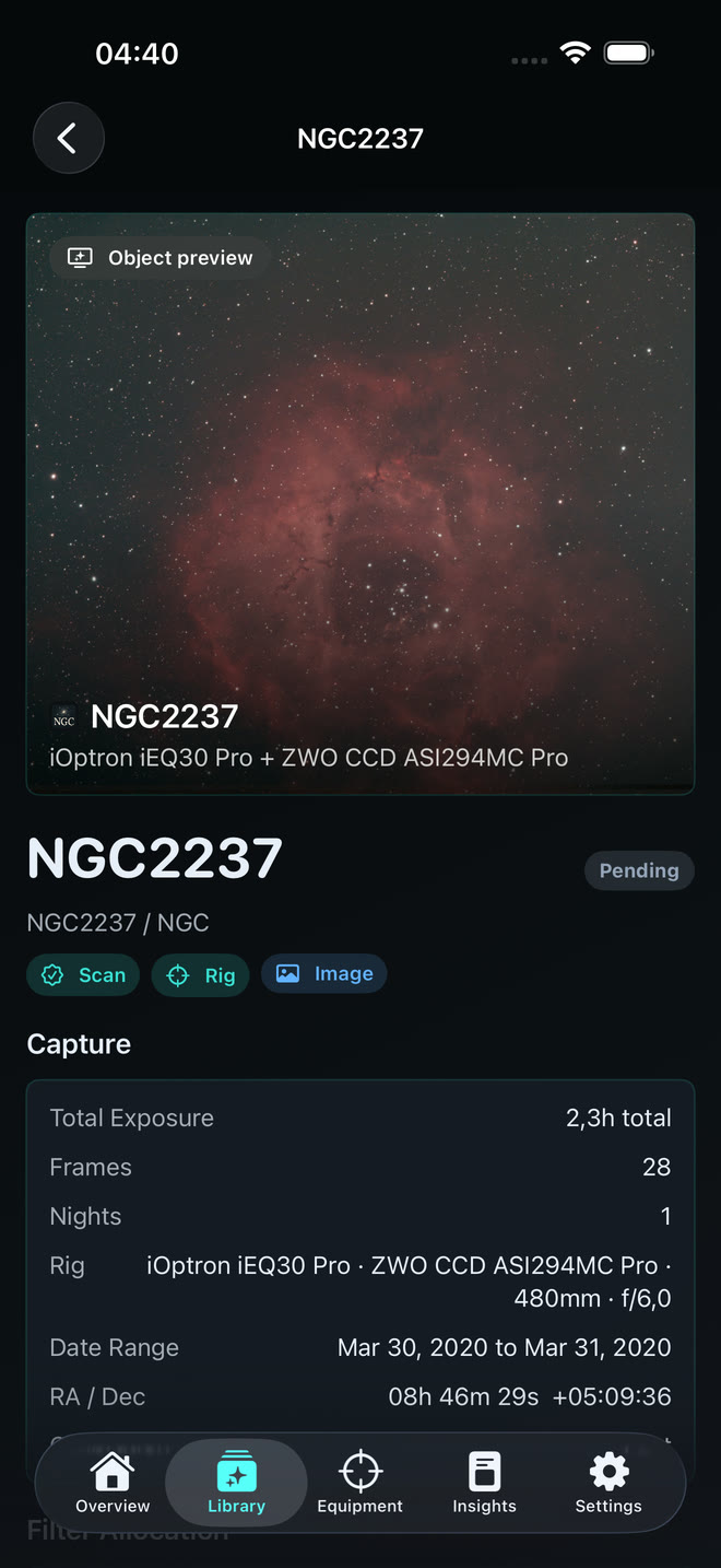 Phone object detail view for NGC2237 showing total exposure, frame count, nights, the rig that captured it with focal length and f-ratio, date range and coordinates