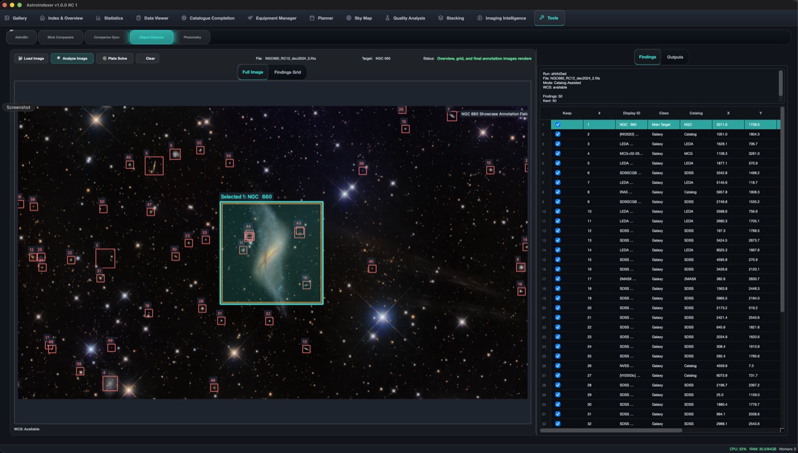 AstroIndexer Object Detector annotating catalogued galaxies on a frame of NGC 660, with a findings table listing class, catalogue and position