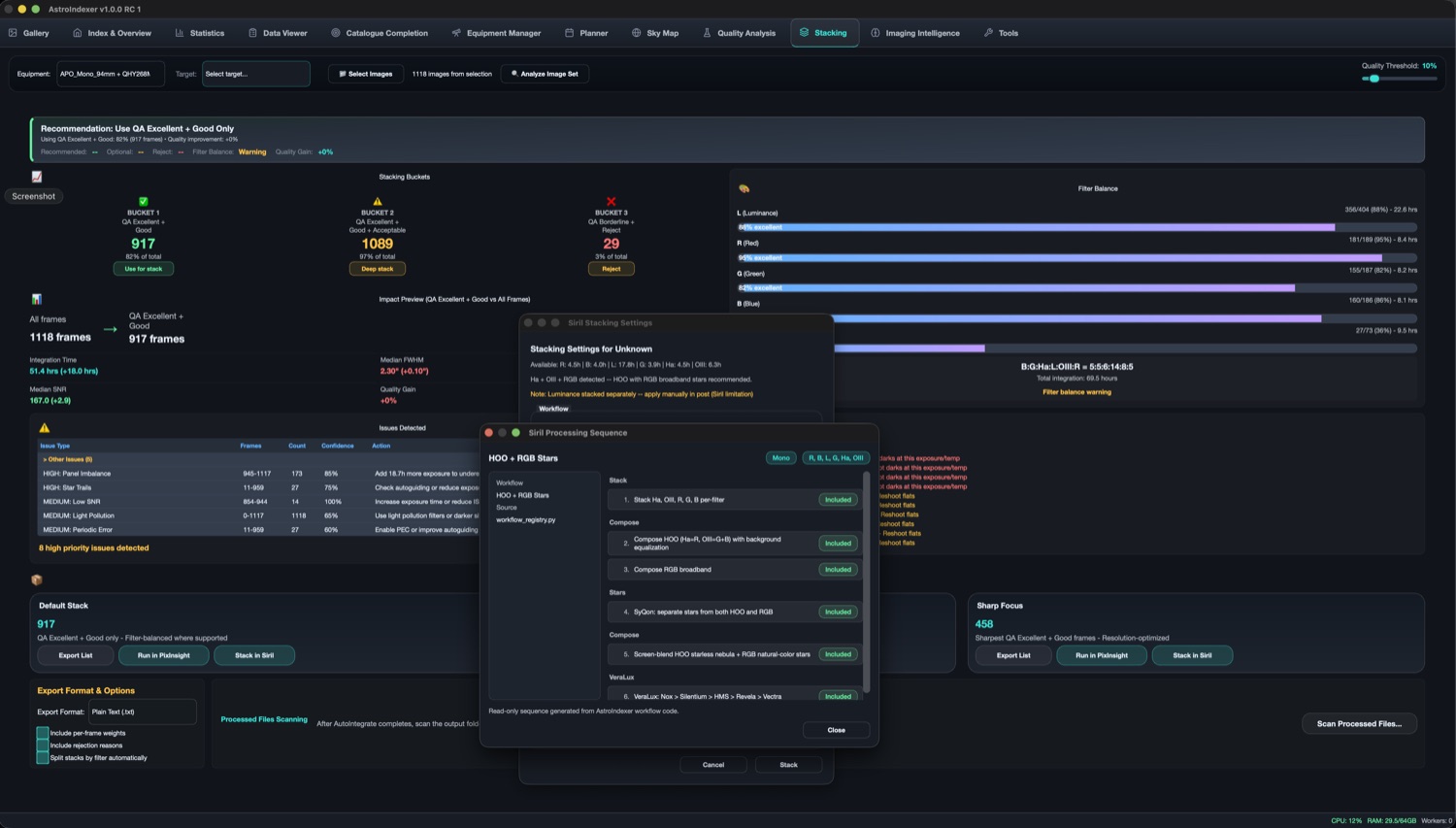 AstroIndexer stacking workflow with QA frame buckets, filter balance and a Siril processing sequence